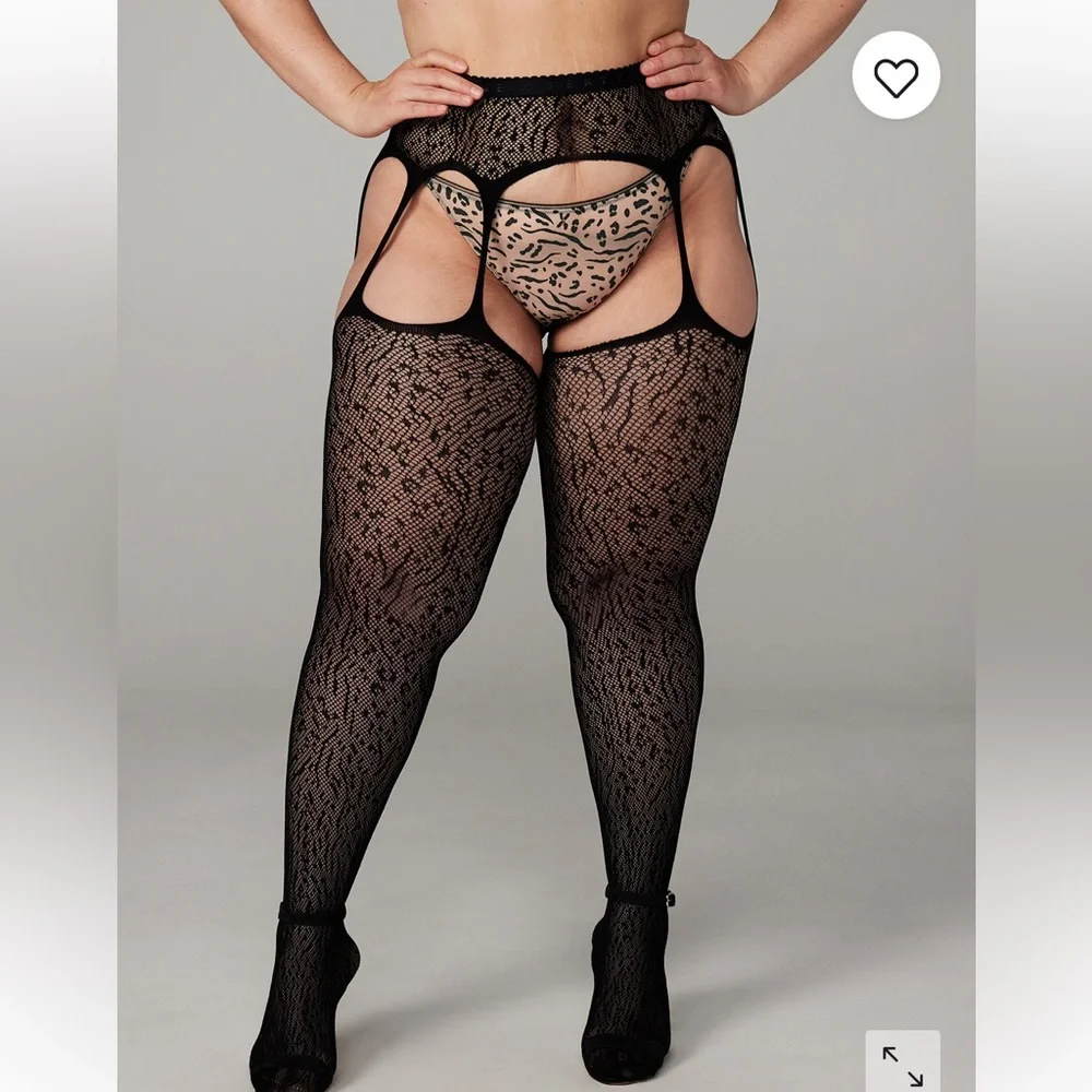 Savage X Fenty 2X 3X Wild Card Animal Print Full Suspender Garter Tights NEW
